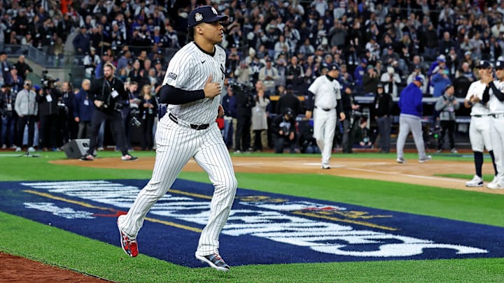 Oct 28, 2024; New York, New York, USA; New York Yankees outfielder Juan Soto (22) is introduced before playing against the Los Angeles Dodgers in game three of the 2024 MLB World Series at Yankee Stadium. Mandatory Credit: Brad Penner-Imagn Images Oct 28, 2024; New York, New York, USA; New York Yankees outfielder Juan Soto (22) is introduced before playing against the Los Angeles Dodgers in game three of the 2024 MLB World Series at Yankee Stadium. Mandatory Credit: Brad Penner-Imagn Images