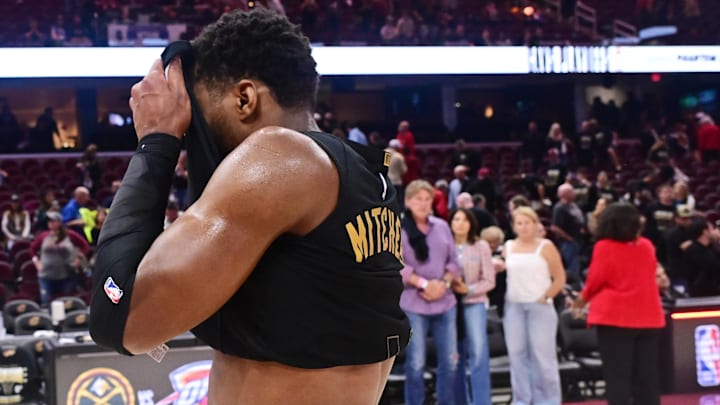 May 13, 2025; Cleveland, Ohio, USA; Cleveland Cavaliers guard Donovan Mitchell (45) walks off the court after game five of the second round for the 2025 NBA Playoffs at Rocket Arena. Mandatory Credit: Ken Blaze-Imagn Images