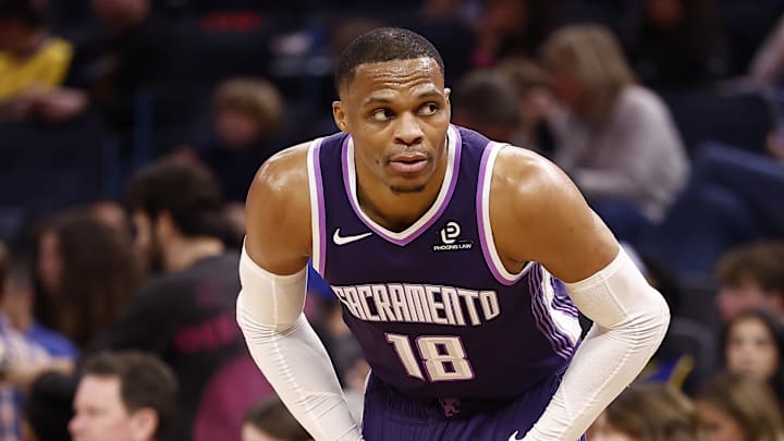 Jan 9, 2026; San Francisco, California, USA; Sacramento Kings guard Russell Westbrook (18) between plays against the Golden State Warriors during the third quarter at Chase Center.