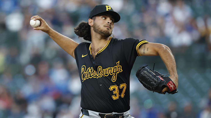 Sep 2, 2024; Chicago, Illinois, USA; Pittsburgh Pirates starting pitcher Jared Jones (37) delivers a pitch against the Chicago Cubs during the first inning at Wrigley Field. Mandatory Credit: Kamil Krzaczynski-Imagn Images Sep 2, 2024; Chicago, Illinois, USA; Pittsburgh Pirates starting pitcher Jared Jones (37) delivers a pitch against the Chicago Cubs during the first inning at Wrigley Field. Mandatory Credit: Kamil Krzaczynski-Imagn Images