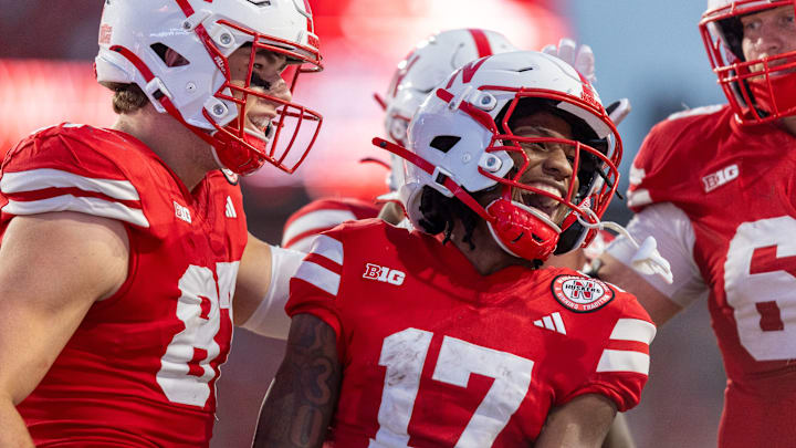 Nebraska wide receiver Jacory Barney Jr. celebrates with teammates after a 10-yard touchdown run against Northern Iowa. Nebraska wide receiver Jacory Barney Jr. celebrates with teammates after a 10-yard touchdown run against Northern Iowa.