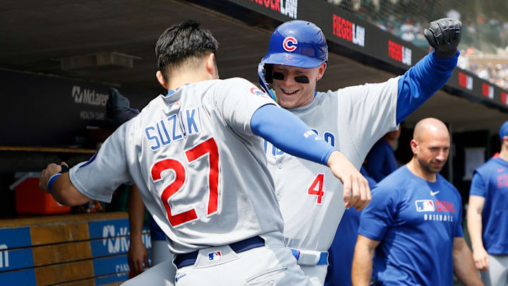 Pete Crow-Armstrong and Seiya Suzuki celebrate a Chicago Cubs victory over the Detroit Tigers in 2025.