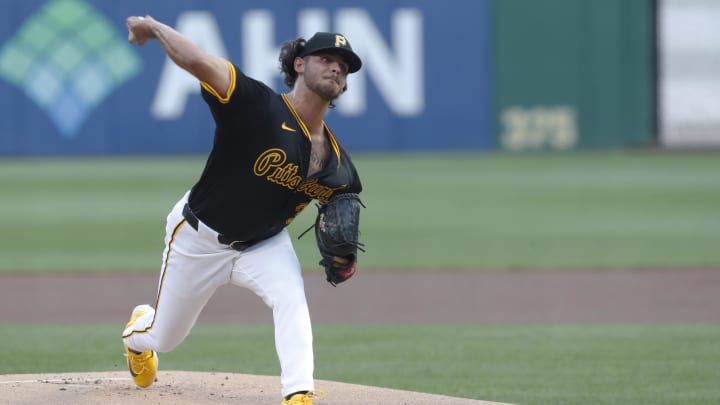 Pittsburgh Pirates starting pitcher Jared Jones (37) delivers a pitch against the Chicago Cubs during the first inning at PNC Park. Pittsburgh Pirates starting pitcher Jared Jones (37) delivers a pitch against the Chicago Cubs during the first inning at PNC Park.