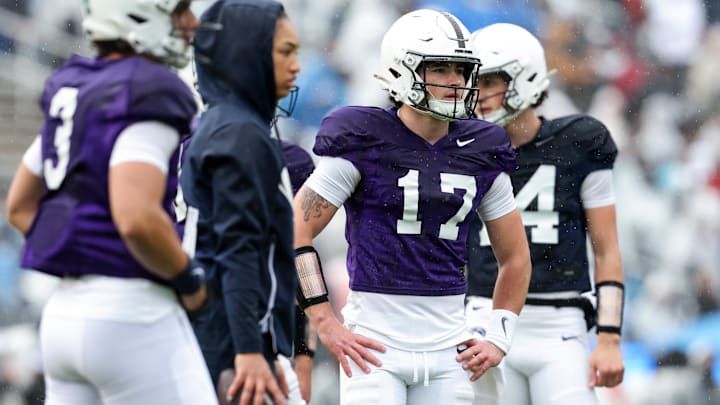 Apr 25, 2026; University Park, PA, USA; Penn State Nittany Lions quarterback Connor Barry (17) looks on from the field during the Penn State Blue-White Spring game at Beaver Stadium. Mandatory Credit: Matthew O'Haren-Imagn Images
