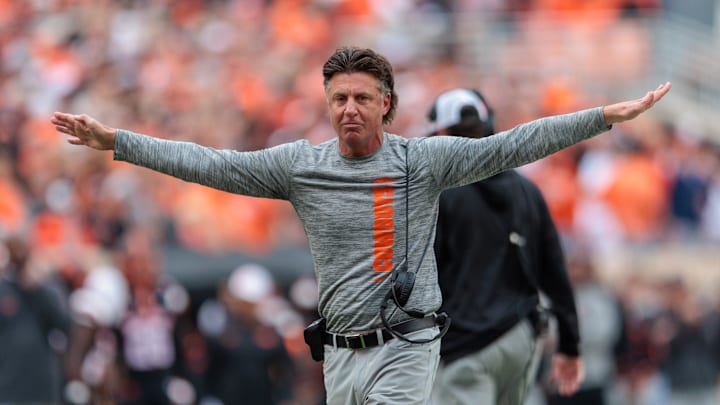 Nov 2, 2024; Stillwater, Oklahoma, USA; Oklahoma State Cowboys coach Mike Gundy reacts after a call during the second quarter against the Arizona State Sun Devils at Boone Pickens Stadium. Mandatory Credit: William Purnell-Imagn Images