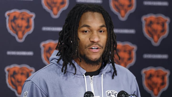 May 9, 2025; Lake Forest, IL, USA; Chicago Bears wide receiver Luther Burden III speaks during the Rookie Minicamp at Halas Hall. Mandatory Credit: Kamil Krzaczynski-Imagn Images