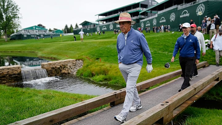Former Alabama football head coach Nick Saban walks to the tee on No. 14 during the Workday Golden Bear Pro-Am at Muirfield Village Golf Club in Dublin, Ohio on May 28, 2025. Former Alabama football head coach Nick Saban walks to the tee on No. 14 during the Workday Golden Bear Pro-Am at Muirfield Village Golf Club in Dublin, Ohio on May 28, 2025.
