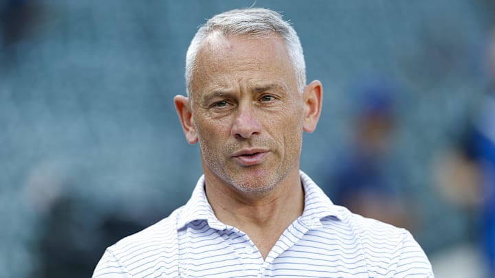 Jul 3, 2025; Chicago, Illinois, USA; Chicago Cubs president of baseball operations Jed Hoyer speaks before a baseball game between the Chicago Cubs and Cleveland Guardians at Wrigley Field. 
