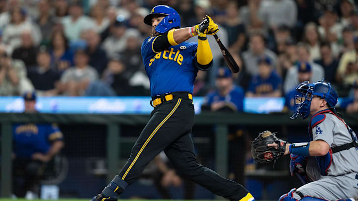 Seattle Mariners third baseman Eugenio Suarez swings during a game against the Los Angels Dodgers on Sept. 15, 2023, at T-Mobile Park.