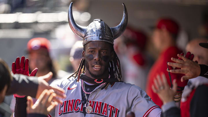Apr 17, 2024; Seattle, Washington, USA; Cincinnati Reds shortstop Elly De La Cruz (44) celebrates Apr 17, 2024; Seattle, Washington, USA; Cincinnati Reds shortstop Elly De La Cruz (44) celebrates