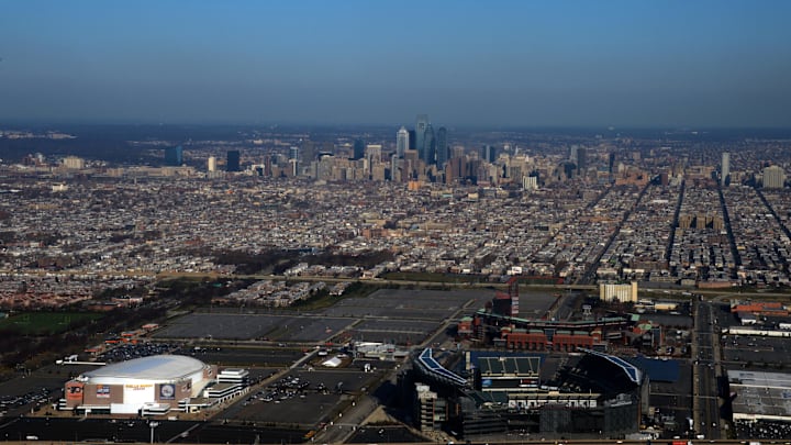 Dec 13, 2012; Philadelphia, PA, USA; Aerial view of the Philadelphia Sports Complex with Wells Fargo Center (left), Lincoln Financial Field (right) and Citizens Bank Park.
