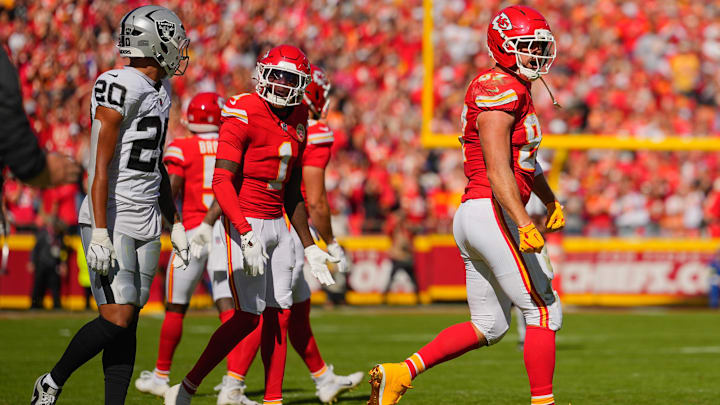 Oct 19, 2025; Kansas City, Missouri, USA; Kansas City Chiefs tight end Travis Kelce (87) celebrates after a play against the Las Vegas Raiders during the first quarter of the game at GEHA Field at Arrowhead Stadium. Mandatory Credit: Jay Biggerstaff-Imagn Images