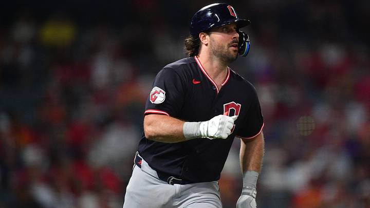 Aug 24, 2026: Cleveland Guardians catcher Austin Hedges (27) runs after hitting a two run home run against the Los Angeles Angels during the sixth inning at Angel Stadium. Credit: Gary A. Vasquez-Imagn Images