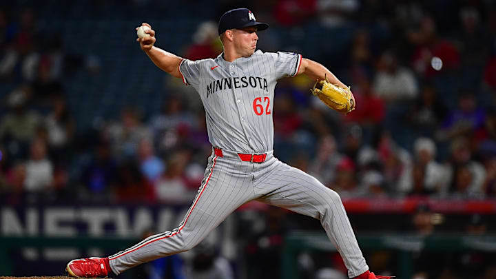 Sep 9, 2025; Anaheim, California, USA; Minnesota Twins pitcher Pierson Ohl (62) throws against the Los Angeles Angels during the fifth inning at Angel Stadium. Mandatory Credit: Gary A. Vasquez-Imagn Images Sep 9, 2025; Anaheim, California, USA; Minnesota Twins pitcher Pierson Ohl (62) throws against the Los Angeles Angels during the fifth inning at Angel Stadium. Mandatory Credit: Gary A. Vasquez-Imagn Images