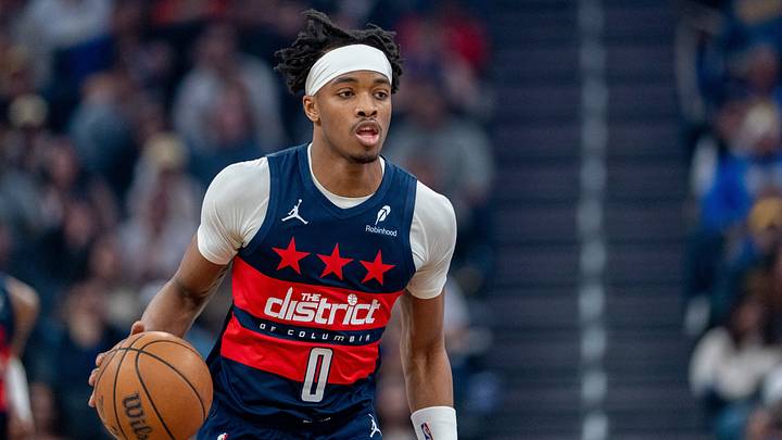 Mar 27, 2026; San Francisco, California, USA; Washington Wizards guard Bilal Coulibaly (0) dribbles against the Golden State Warriors during the first quarter at Chase Center. Mandatory Credit: Neville E. Guard-Imagn Images