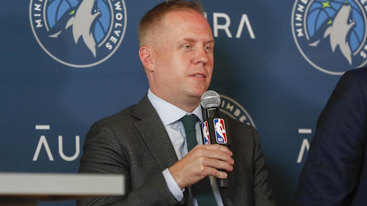 Jun 28, 2022; Minneapolis, MN, USA; Minnesota Timberwolves president of basketball operations Tim Connelly answers questions at a press conference to introduce the 2022 draft picks at Target Center. Jun 28, 2022; Minneapolis, MN, USA; Minnesota Timberwolves president of basketball operations Tim Connelly answers questions at a press conference to introduce the 2022 draft picks at Target Center.