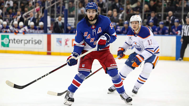 Mar 16, 2025; New York, New York, USA; New York Rangers center Mika Zibanejad (93) awaits a pass against the Edmonton Oilers during the second period at Madison Square Garden. Mandatory Credit: Danny Wild-Imagn Images