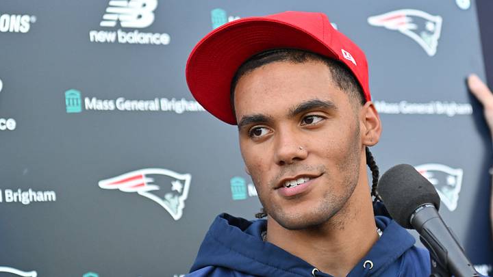Jun 9, 2026; Foxborough, MA, USA; New England Patriots cornerback Christian Gonzalez (0) takes questions from the media at minicamp at Gillette Stadium. Mandatory Credit: Eric Canha-Imagn Images