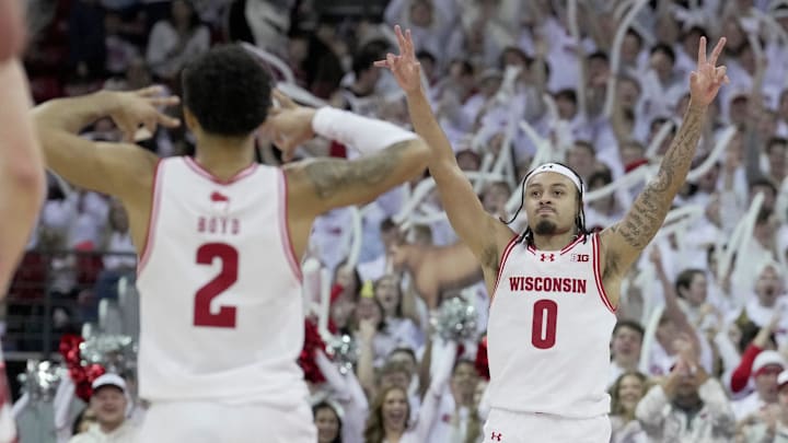 Wisconsin guard Braeden Carrington (0) celebrates his three-point basket during the second half of their game Sunday, January 25, 2026 at the Kohl Center in Madison, Wisconsin. USC beat Wisconsin 73-71.