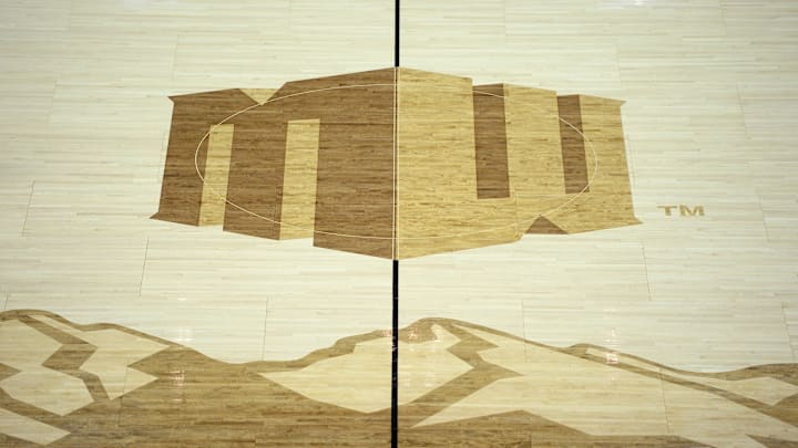 USA; A detailed view of the midcourt logo during the first half of a Mountain West Conference tournament game between the UNLV Rebels and Boise State Broncos at Thomas Mack Center. Mandatory Credit: Orlando Ramirez-Imagn Images