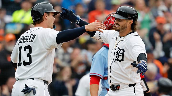 Detroit Tigers third baseman Zach McKinstry (39) receives congratulations from catcher Dillon Dingler (13) after he hits a two run home run. Credit: Rick Osentoski-Imagn Images Detroit Tigers third baseman Zach McKinstry (39) receives congratulations from catcher Dillon Dingler (13) after he hits a two run home run. Credit: Rick Osentoski-Imagn Images
