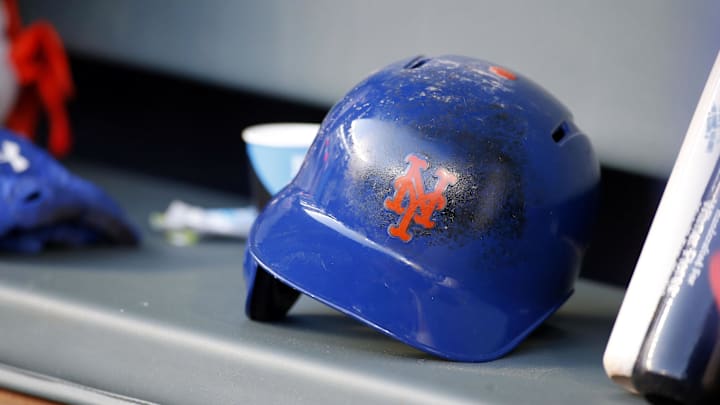 May 2, 2017; Atlanta, GA, USA; General view of New York Mets helmet in the dugout before a game