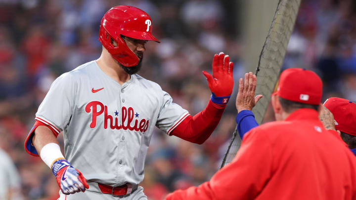 Jun 11, 2024; Boston, Massachusetts, USA; Philadelphia Phillies designated hitter Kyle Schwarber (12) celebrates after hitting a solo home run during the fifth inning against the Boston Red Sox at Fenway Park. Jun 11, 2024; Boston, Massachusetts, USA; Philadelphia Phillies designated hitter Kyle Schwarber (12) celebrates after hitting a solo home run during the fifth inning against the Boston Red Sox at Fenway Park.