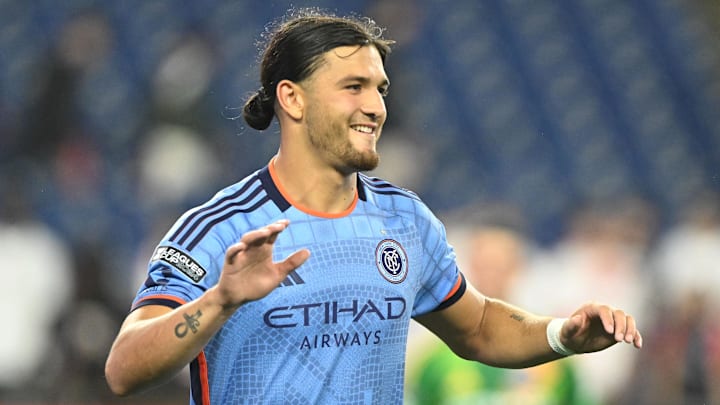 iAug 9, 2024; Foxborough, Massachusetts, USA; New York City midfielder Justin Haak (80) celebrates with his teammates after scoring a penalty against the New England Revolution at Gillette Stadium. Mandatory Credit: Brian Fluharty-USA TODAY Sports