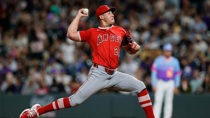 Sep 19, 2025; Denver, Colorado, USA; Los Angeles Angels relief pitcher Robert Stephenson (24) pitches in the seventh inning against the Colorado Rockies at Coors Field. Mandatory Credit: Isaiah J. Downing-Imagn Images