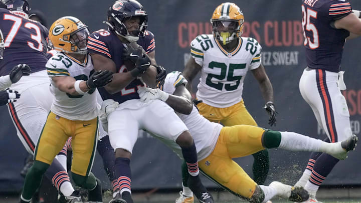 Roschon Johnson is stacked up short of the goal line in the Bears' 20-19 loss to the Packers. 