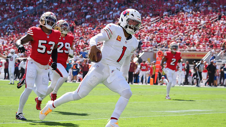 Oct 6, 2024; Santa Clara, California, USA; Arizona Cardinals quarterback Kyler Murray (1) runs for a touchdown against the San Francisco 49ers during the first quarter at Levi's Stadium. Mandatory Credit: Kelley L Cox-Imagn Images