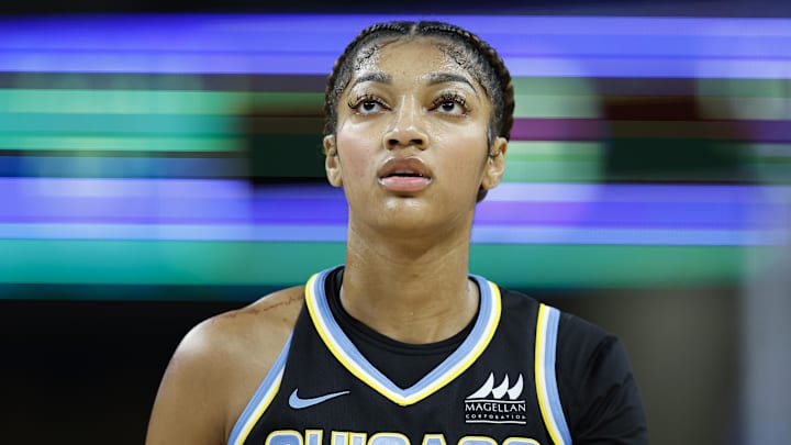 Jun 17, 2025; Chicago, Illinois, USA; Chicago Sky forward Angel Reese (5) walks on the court during the first half of a WNBA game against the Washington Mystics at Wintrust Arena. 
