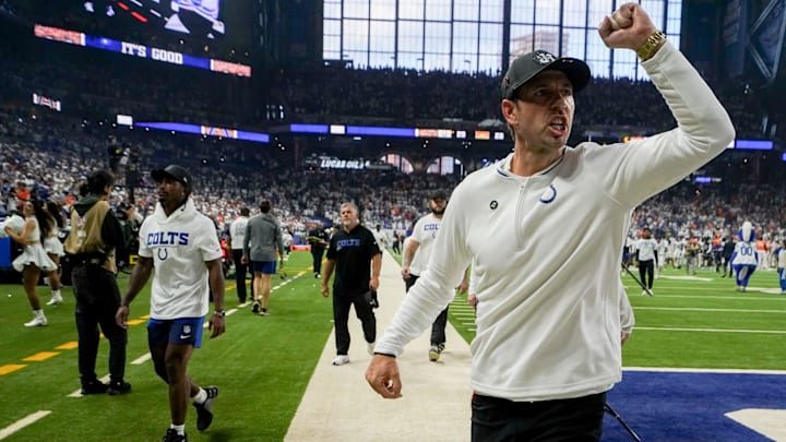 Indianapolis Colts head coach Shane Steichen leaves the field Sunday, Sept. 14, 2025, after winning a game against the Denver Broncos at Lucas Oil Stadium in Indianapolis.