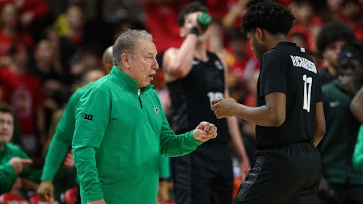 Feb 26, 2025; College Park, Maryland, USA; Michigan State Spartans head coach Tom Izzo talks to guard Jase Richardson (11) during the first half against the Maryland Terrapins at Xfinity Center. Mandatory Credit: Reggie Hildred-Imagn Images