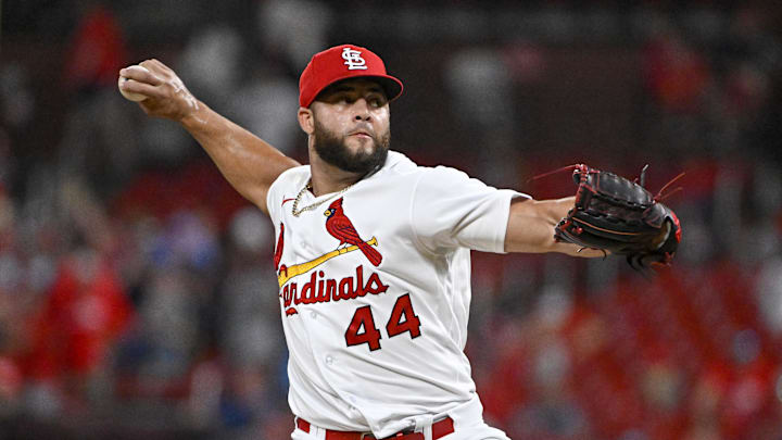 Jul 11, 2022; St. Louis, Missouri, USA;  St. Louis Cardinals relief pitcher Junior Fernandez (44) pitches against the Philadelphia Phillies during the ninth inning at Busch Stadium. Mandatory Credit: Jeff Curry-Imagn Images