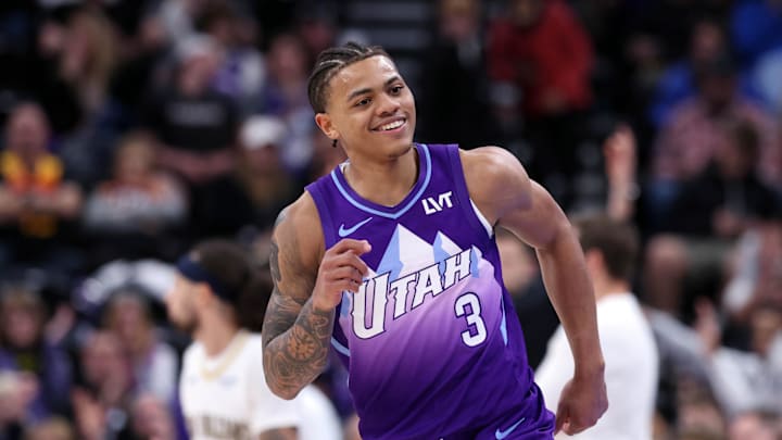Mar 2, 2025; Salt Lake City, Utah, USA; Utah Jazz guard Keyonte George reacts to a shot against the New Orleans Pelicans during the second half at Delta Center. Mandatory Credit: Rob Gray-Imagn Images Mar 2, 2025; Salt Lake City, Utah, USA; Utah Jazz guard Keyonte George reacts to a shot against the New Orleans Pelicans during the second half at Delta Center. Mandatory Credit: Rob Gray-Imagn Images