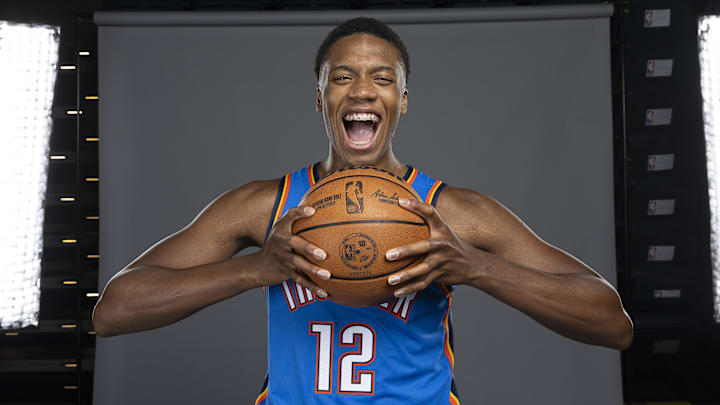 Sep 29, 2025; Oklahoma City, OK, USA; Oklahoma City Thunder center Thomas Sorber (12)  poses for a photo during the 2025 Oklahoma City Thunder media day at Paycom Center. Mandatory Credit: Alonzo Adams-Imagn Images