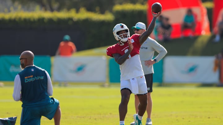 Miami Dolphins quarterback Tua Tagovailoa (1) throws the football during training camp at Baptist Health Training Complex.