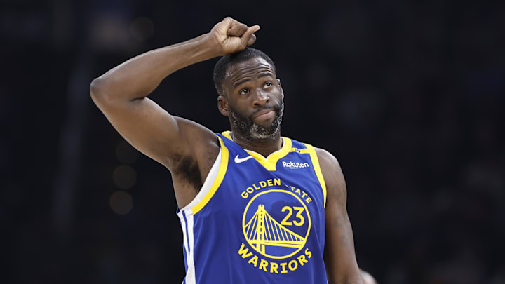 Nov 10, 2024; Oklahoma City, Oklahoma, USA; Golden State Warriors forward Draymond Green (23) reacts after a play against the Oklahoma City Thunder during the second quarter at Paycom Center. Mandatory Credit: Alonzo Adams-Imagn Images