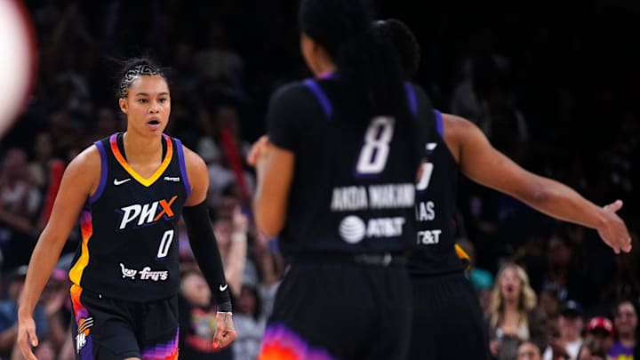 Mercury forward Satou Sabally (0) celebrates a basket against the Aces during a game at PHX Arena in Phoenix, on Aug. 15, 2025.