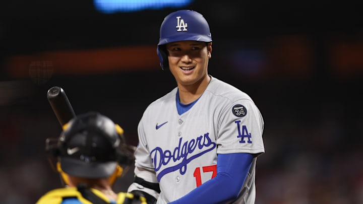 Los Angeles Dodgers designated hitter Shohei Ohtani prepares to bat during the sixth inning against the Philadelphia Phillies.