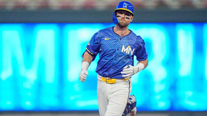 Sep 12, 2025; Minneapolis, Minnesota, USA; Minnesota Twins first base Kody Clemens (18) rounds second base after hitting a home run off Arizona Diamondbacks starting pitcher Brandon Pfaadt (not shown) in the fourth inning at Target Field.