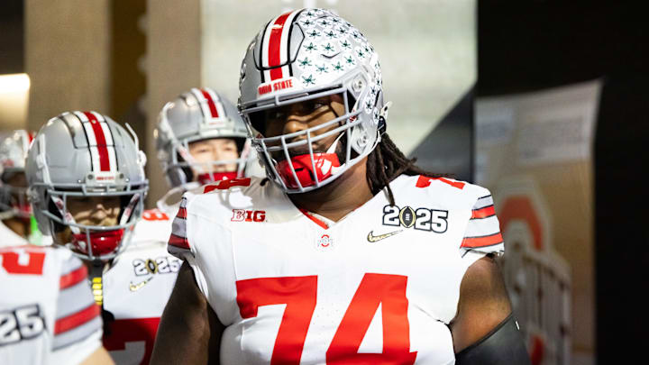 Jan 20, 2025; Atlanta, GA, USA; Ohio State Buckeyes offensive lineman Donovan Jackson (74) against the Notre Dame Fighting Irish during the CFP National Championship college football game at Mercedes-Benz Stadium. Mandatory Credit: Mark J. Rebilas-Imagn Images Jan 20, 2025; Atlanta, GA, USA; Ohio State Buckeyes offensive lineman Donovan Jackson (74) against the Notre Dame Fighting Irish during the CFP National Championship college football game at Mercedes-Benz Stadium. Mandatory Credit: Mark J. Rebilas-Imagn Images
