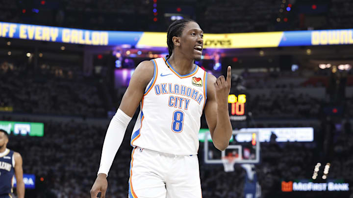 Apr 21, 2024; Oklahoma City, Oklahoma, USA; Oklahoma City Thunder forward Jalen Williams (8) Apr 21, 2024; Oklahoma City, Oklahoma, USA; Oklahoma City Thunder forward Jalen Williams (8)