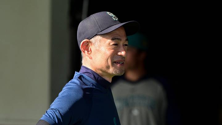 Feb 12, 2026; Peoria, AZ, USA;  Former Seattle Mariners player Ichiro Suzuki looks on during a Spring Training workout at Peoria Sports Complex. Mandatory Credit: Matt Kartozian-Imagn Images