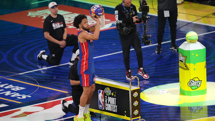 Feb 15, 2025; San Francisco, CA, USA; Detroit Pistons guard Cade Cunningham (2) competes in the three-point contest during All Star Saturday Night ahead of the 2025 NBA All Star Game at Chase Center. Mandatory Credit: Cary Edmondson-Imagn Images