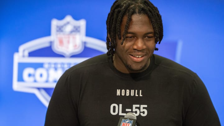 Mar 2, 2024; Indianapolis, IN, USA; Houston offensive lineman Patrick Paul (OL55) talks to the media during the 2024 NFL Combine at Lucas Oil Stadium. Mandatory Credit: Trevor Ruszkowski-USA TODAY Sports