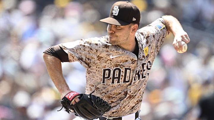 Jun 23, 2024; San Diego, California, USA; San Diego Padres relief pitcher Tom Cosgrove (59) pitches against the Milwaukee Brewers during the seventh inning at Petco Park Jun 23, 2024; San Diego, California, USA; San Diego Padres relief pitcher Tom Cosgrove (59) pitches against the Milwaukee Brewers during the seventh inning at Petco Park