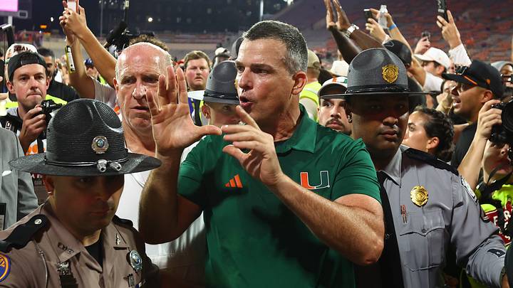 Oct 3, 2026; Clemson, South Carolina, USA; Miami Hurricanes Head Coach Mario Cristobal leaves after the game against the Clemson Tigers at Memorial Stadium. Mandatory Credit: Ashley Tumlin-Imagn Images