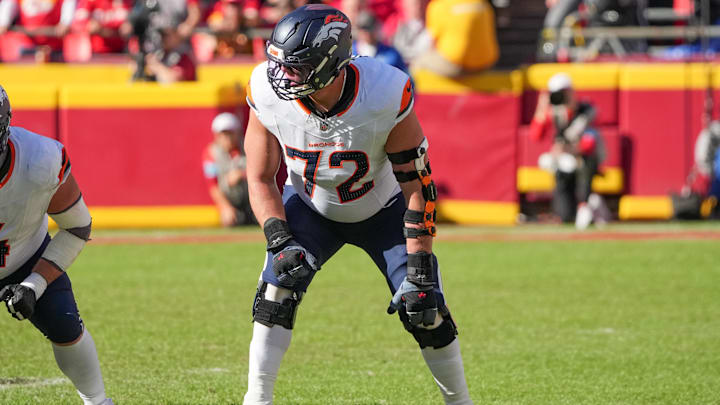 Nov 10, 2024; Kansas City, Missouri, USA; Denver Broncos offensive tackle Garett Bolles (72) at the line of scrimmage against the Kansas City Chiefs during the game at GEHA Field at Arrowhead Stadium. 
